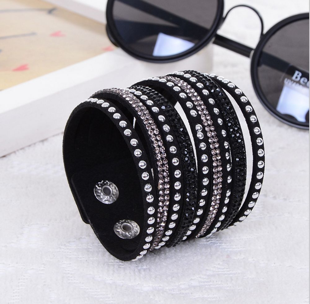 Pulsera de cuero multicapa para envolver, pulsera de pedrería de cristal punk - Imagen 2 de 3