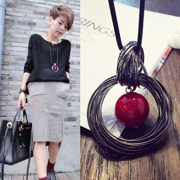 Halskette mit Anhänger Mode Dame Kreis Rot Lange Kette Perle