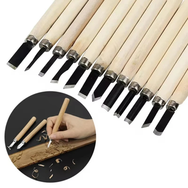 12-teiliges Holzschnitzwerkzeug-Set mit Holzgriffen