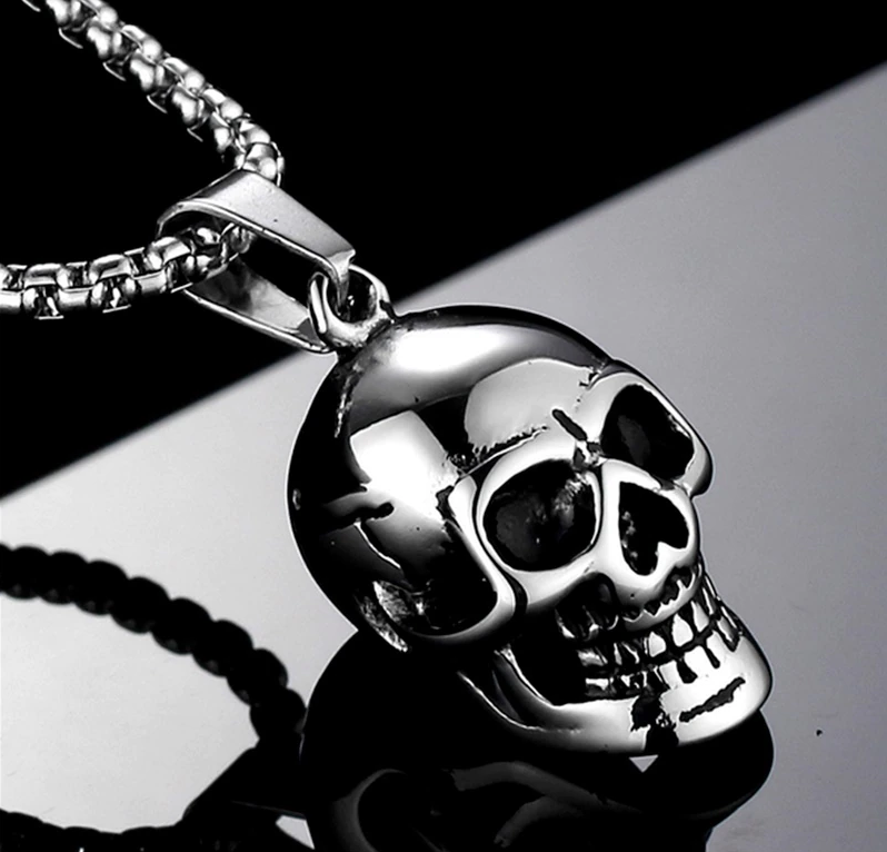 Totenkopf Skull Anhänger Halskette Hip Hop Biker Hals Silber Kette Lang